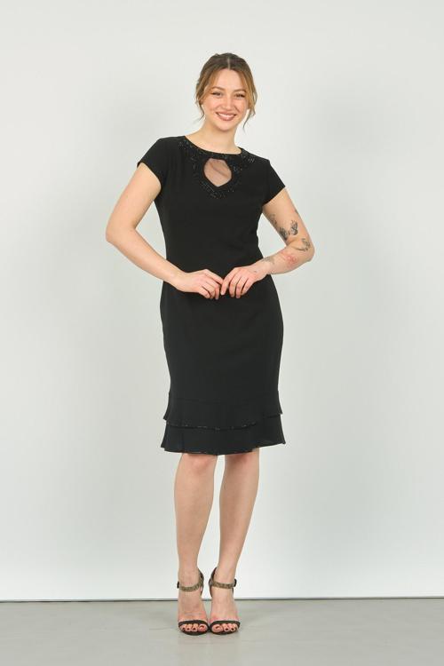 Kadın Bisiklet Yaka Pencere Detaylı Etek Ucu Fırfırlı Araboy Abiye Elbise 23-117 Siyah