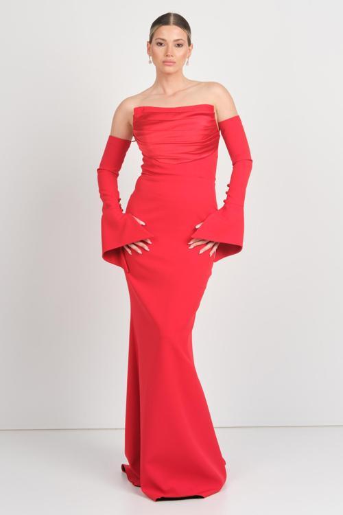 Kadın Seyyar Kol Detaylı Straplez Balık Form Abiye Elbise 5230 Kırmızı