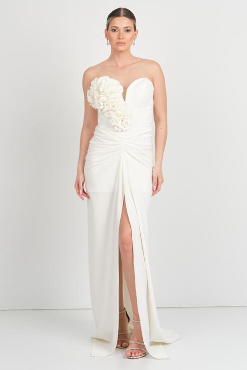 Kadın Kalp Yaka Önden Derin Yurtmaçlı Uzun Abiye Elbise 5262 Krem