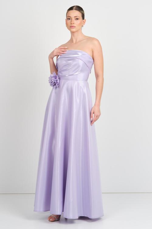 Kadın Straplez Çiçek Detaylı Maxi Abiye Elbise 5270 Lila