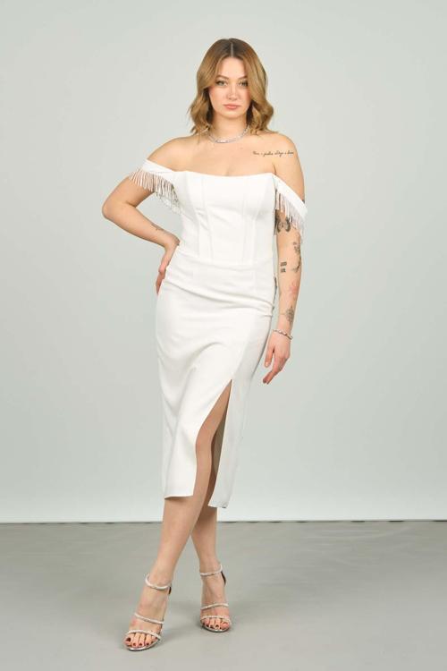 Kadın Düşük Omuz Midi Boy Abiye Elbise 5130 Beyaz