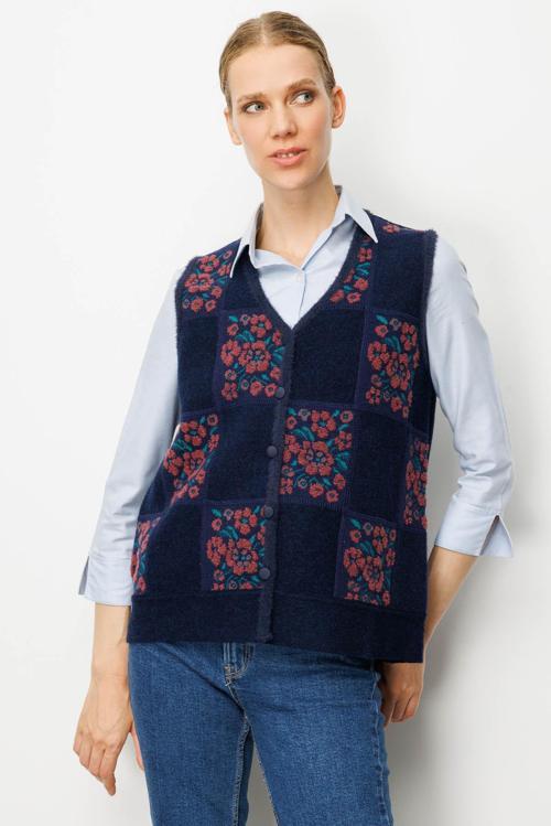 Kadın Pıtırcık Çiçekli Patchwork Keçe Yün Yelek 24084 A.Laci-G.Kurusu