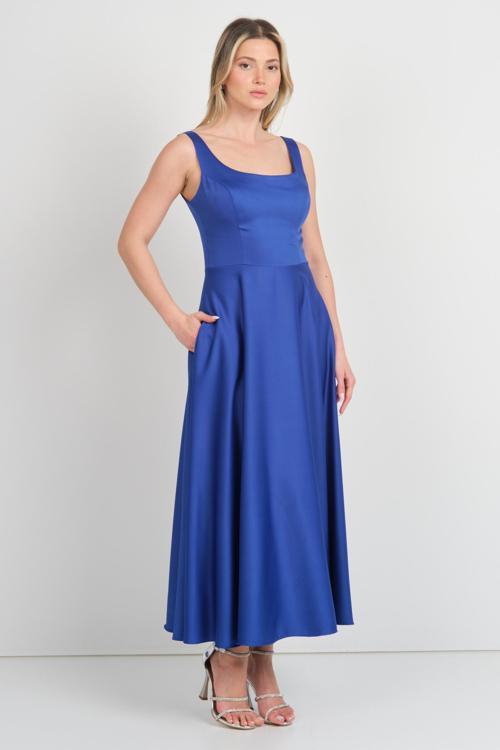 Kadın Kalın Askılı Çift Cepli Saten Midi Abiye Elbise 1726 Saks