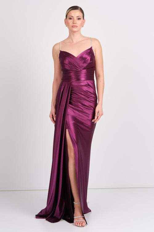 Kadın İp Askılı Sırtı Çapraz Bağlamalı Göğsü Drapeli Abiye Elbise 5134 Mürdüm