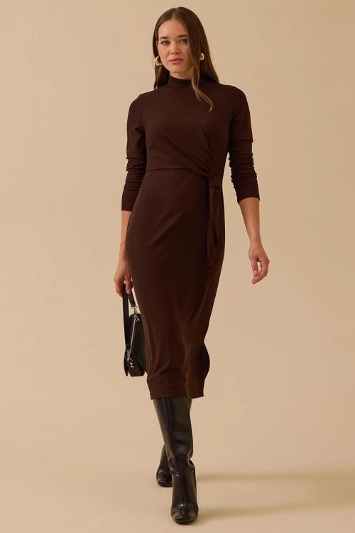 Kadın Dik Yaka Bağlama Detaylı Midi Elbise 0012 Kahverengi