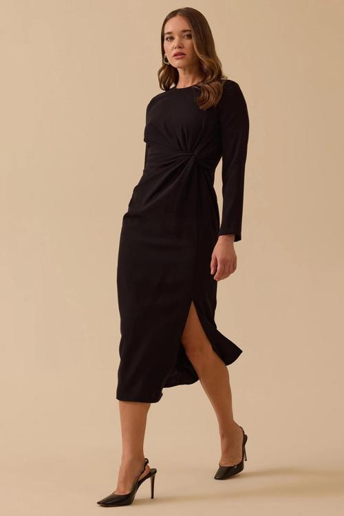 Kadın Drapeli Midi Boy Şık Krep Elbise 8002 Siyah