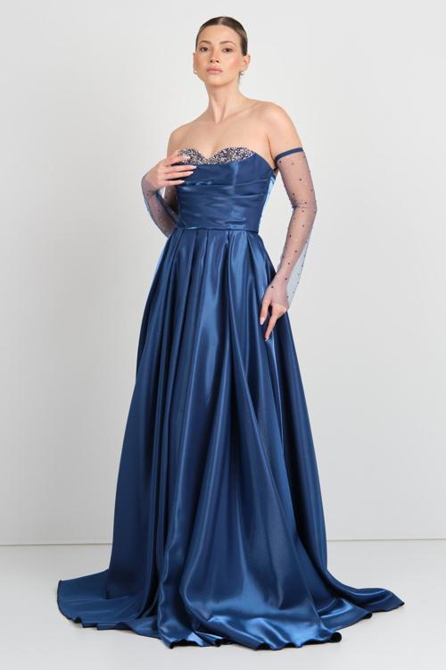 Kadın Straplez Seyyar Kol Detaylı Maxi Abiye Elbise 5089 Lacivert