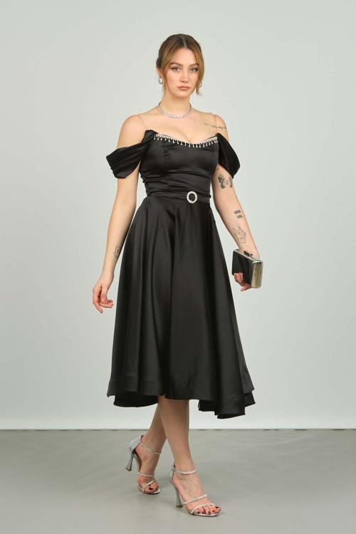 Kadın Straplez Düşük Omuz Abiye Elbise 1463 Siyah