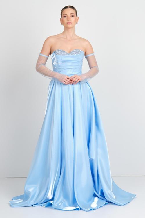 Kadın Straplez Seyyar Kol Detaylı Maxi Abiye Elbise 5089 Bebe Mavisi