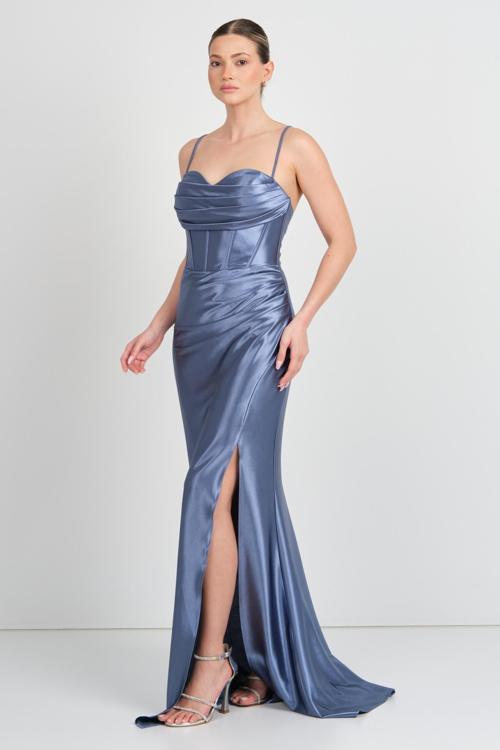 Kadın İp Askılı Drapeli Beli Korsajlı Balık Form Abiye Elbise 5118 Indigo