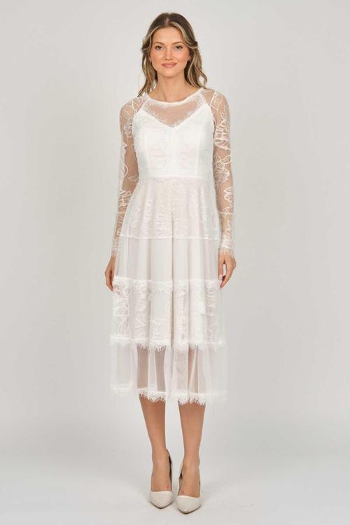 Kadın Uzun Kollu Tül Abiye Elbise 5271146 Ekru