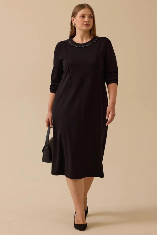 Galaxi Kadın Büyük Beden Taşlı Yaka Detaylı Elbise 4002 Siyah