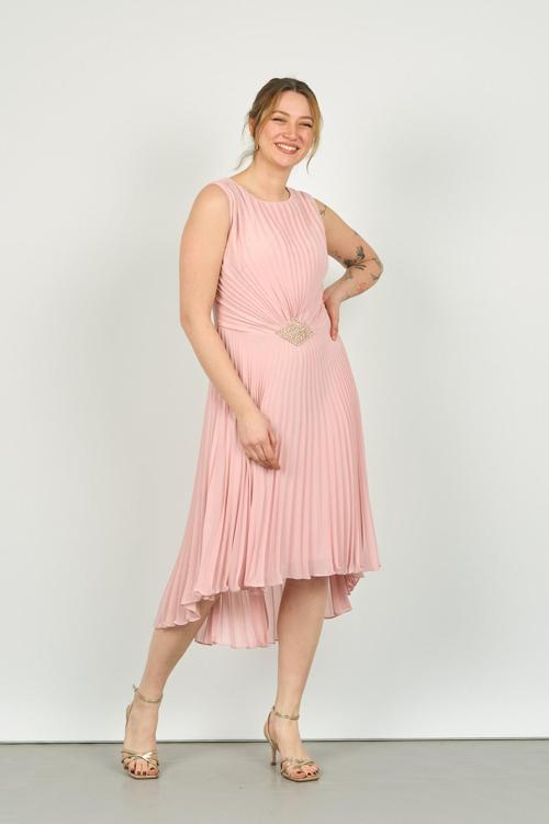 Kadın Piliseli Bel Taş İşlemeli Asimetrik Kesim Abiye Elbise 20-172 Pudra