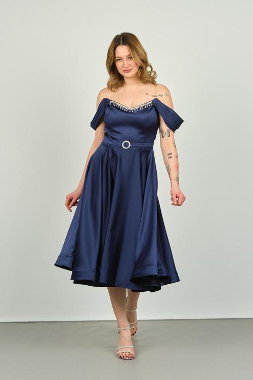 Kadın Straplez Düşük Omuz Abiye Elbise 1463 Lacivert