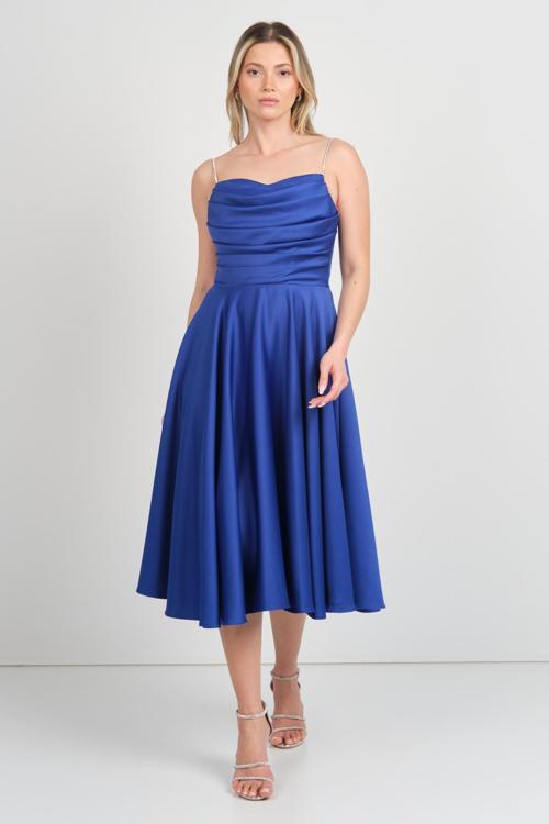 Kadın Taşlı İp Askılı Drapeli Saten Abiye Elbise 1749 Saks