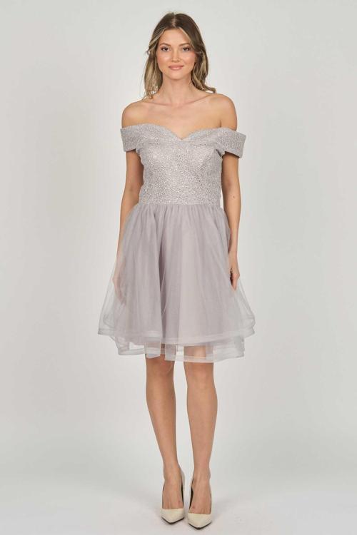 Kadın Düşük Omuz Abiye Elbise 5270928 Gri