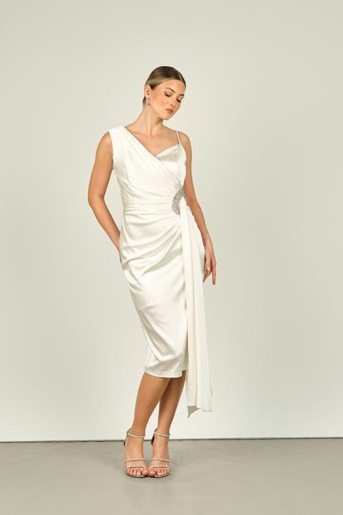 Kadın Taş İşleme Detaylı Yandan Kuyruklu Araboy Abiye Elbise 1510 Ekru