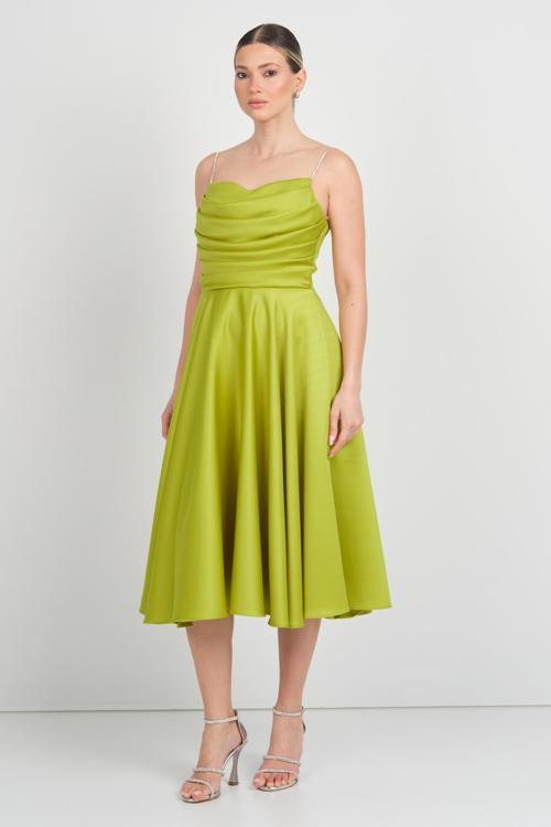 Kadın Taşlı İp Askılı Drapeli Saten Abiye Elbise 1749 Yağ Yeşili