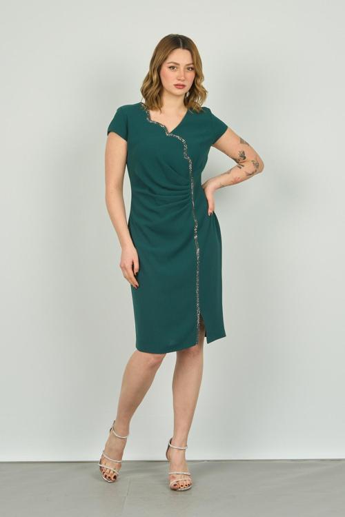 Kadın Drapeli Ay Kollu Krep Kumaş Araboy Abiye Elbise 22-146 Zümrüt