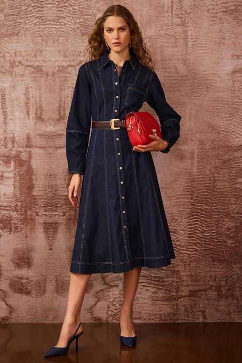 Kadın Dikiş Detaylı Düğmeli Jean Elbise 0003 Lacivert