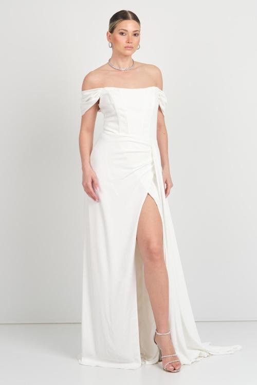 Kadın Straplez Korseli Kol Detaylı Derin Yırtmaçlı Uzun Abiye Elbise 5136 Beyaz