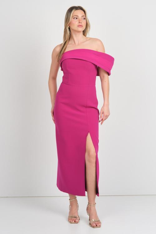 Kadın Kol Detaylı Straplez Midi Abiye Elbise 1816 Fuşya