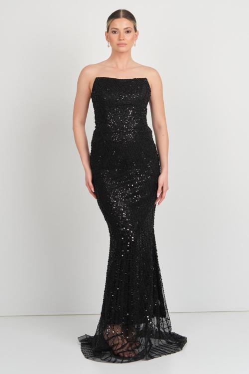 Kadın Straplez Full Taş İşlemeli Seyyar Tül Detaylı Abiye Elbise 5253 Siyah