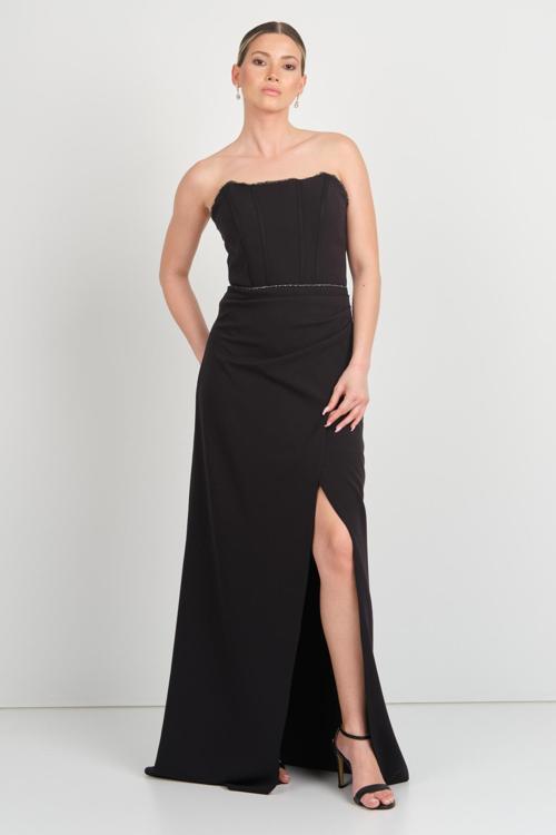 Kadın Straplez Krep Kumaş Uzun Abiye Elbise 5295 Siyah