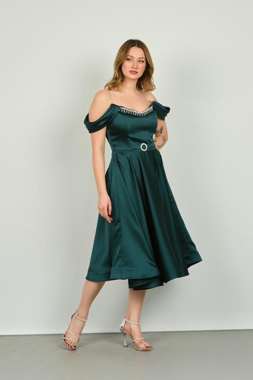 Kadın Straplez Düşük Omuz Abiye Elbise 1463 Zümrüt