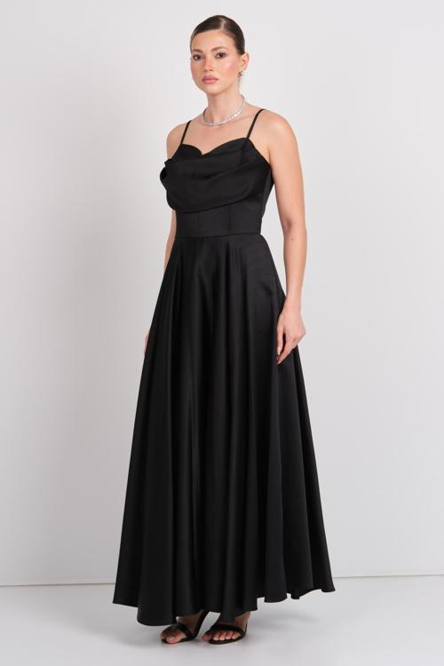 Kadın Askılı Kloş Saten Kumaş Maxi Abiye Elbise 1795 Siyah