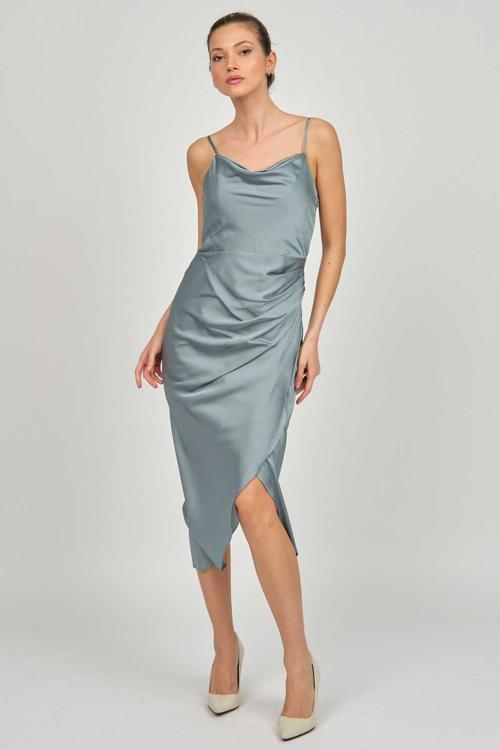 Kadın Saten Degaje Yaka Abiye Elbise 5044964 Çağla