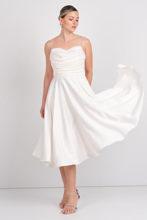 Kadın Taşlı İp Askılı Drapeli Saten Abiye Elbise 1749 Ekru