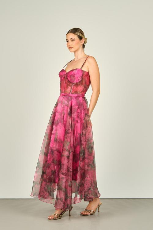 Kadın Tül Detaylı Midiboy Abiye Elbise 1579 Fuşya