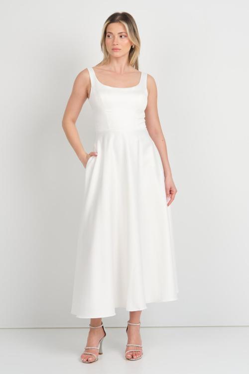 Kadın Kalın Askılı Çift Cepli Saten Midi Abiye Elbise 1726 Ekru