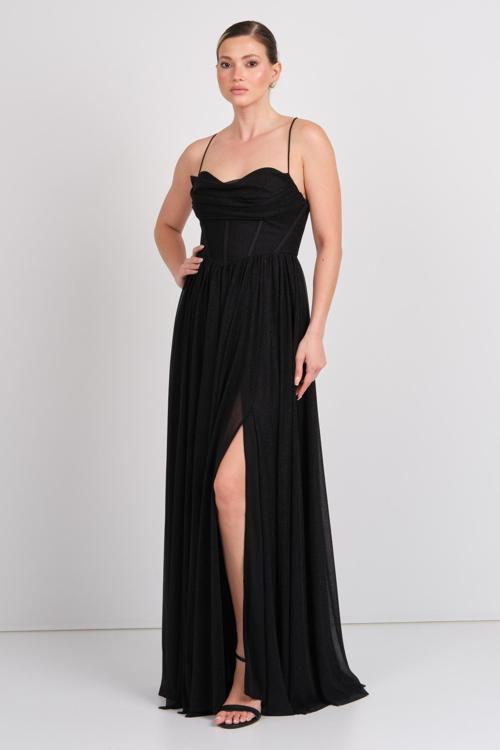 Kadın Balenli Drapeli Straplez Maxi Abiye Elbise 1771 Siyah