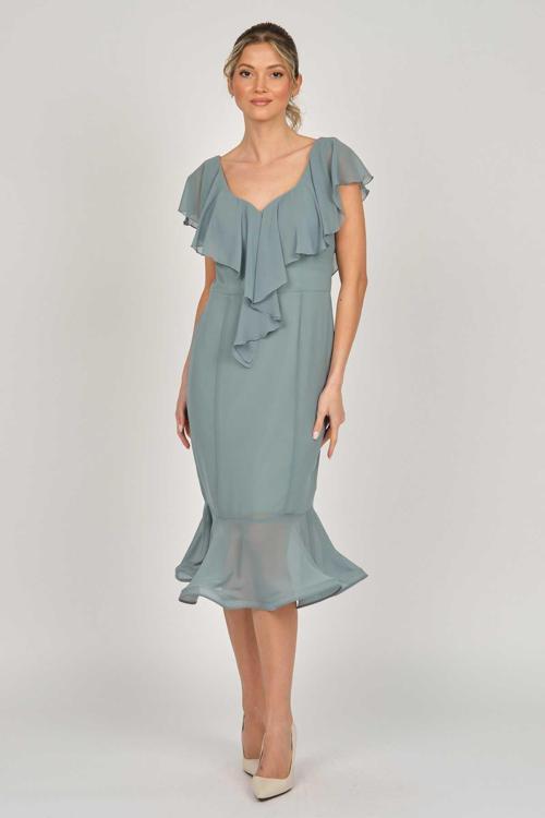 Kadın Volanlı Midi Boy Abiye Elbise 5921174 Limon Küfü