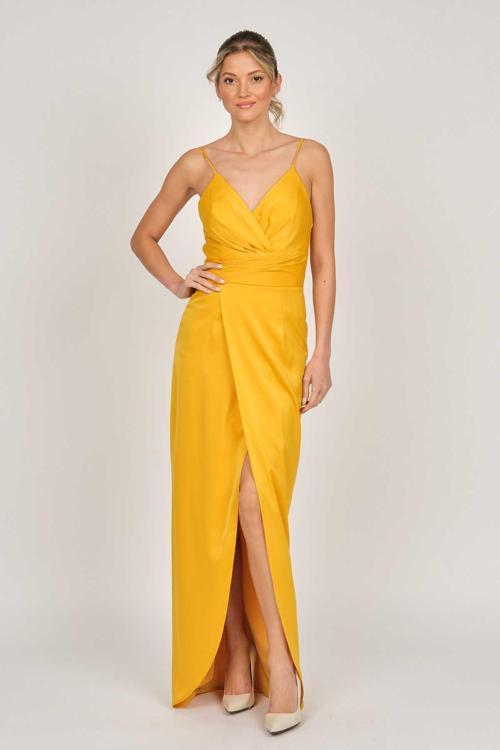 Kadın Saten Uzun Abiye Elbise 5929211 Hardal