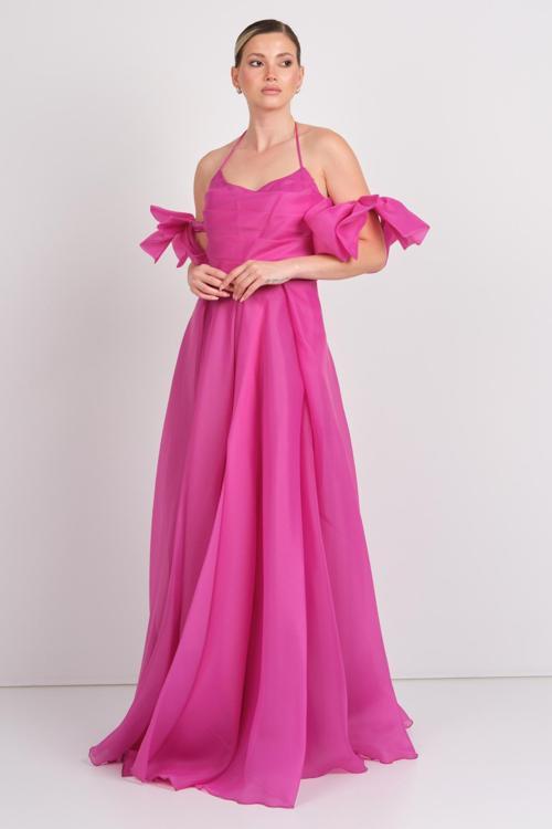 Kadın Seyyar Kol Detaylı Boyundan Bağlamalı Maxi Abiye Elbise 1761 Fuşya