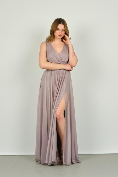 Kadın Sırt Bağlama Detaylı Simli Uzun Abiye Elbise 1182 Vizon