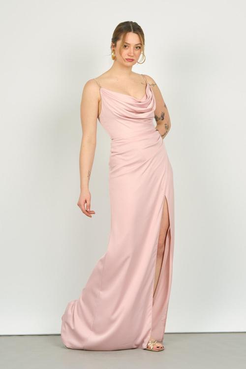 Kadın Degaje Yaka Abiye Elbise 4116 Pudra