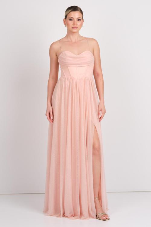 Kadın Balenli Drapeli Straplez Maxi Abiye Elbise 1771 Pudra