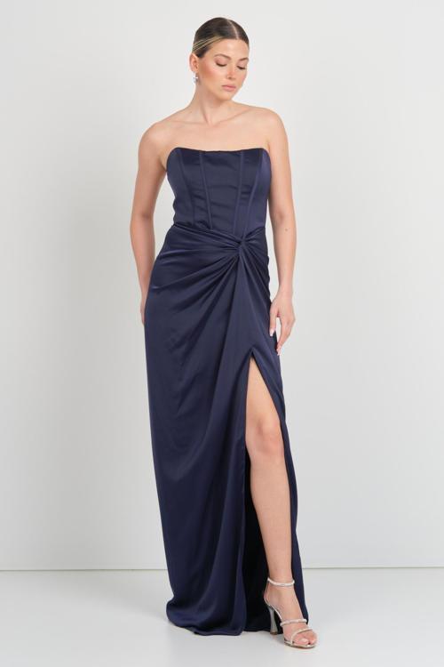Kadın Straplez Derin Yırtmaçlı Uzun Abiye Elbise 5062 Lacivert