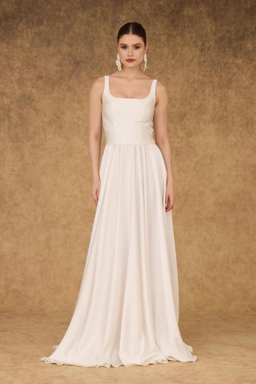 Kadın Kare Yaka Saten Abiye Elbise 58506 Beyaz