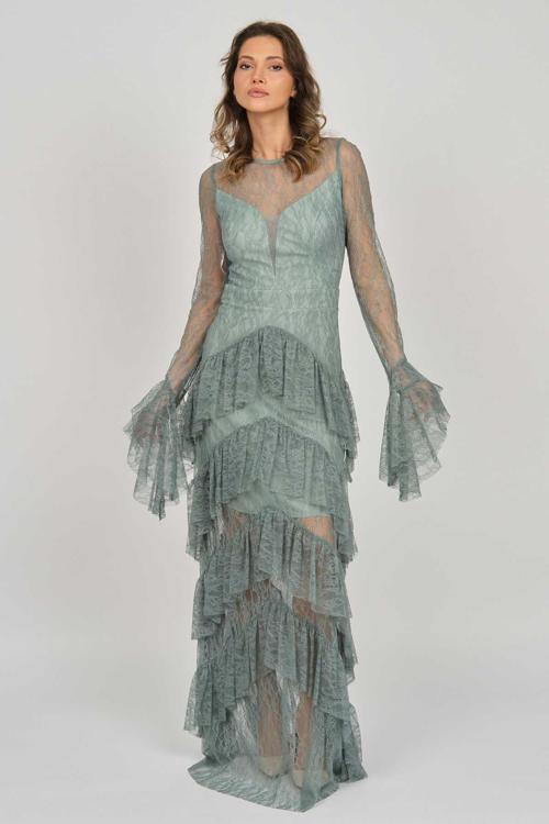 Kadın Fırfır Detaylı Abiye Elbise 5921085 Limon Küfü