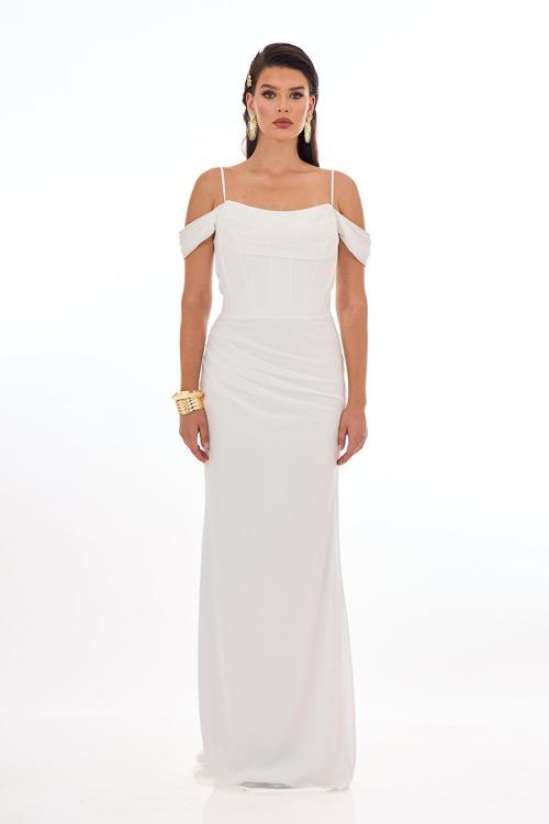 Kadın Askılı Uzun Şifon Abiye Elbise 58464 Ekru