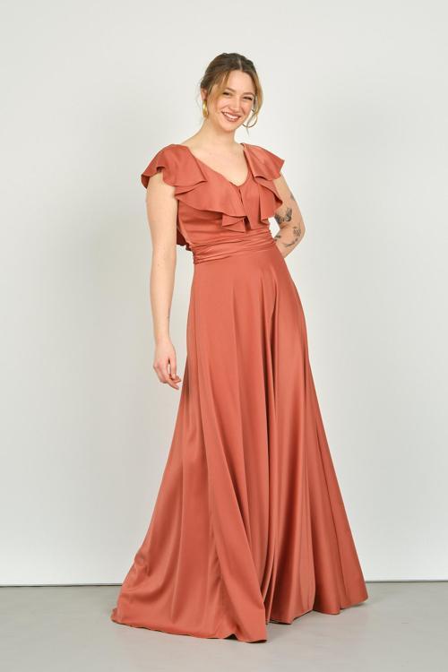 Kadın Yakası Volanlı Saten Abiye Elbise 5921021 Kiremit