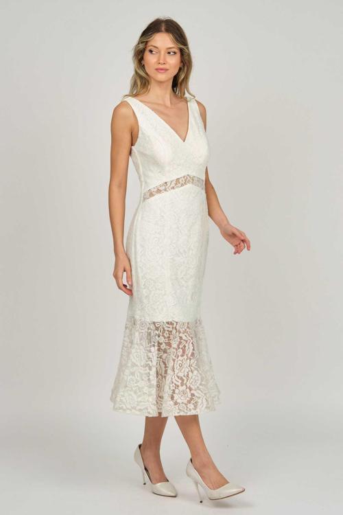 Kadın Dantel Detaylı Midi Boy Abiye Elbise 5921033 Kemik