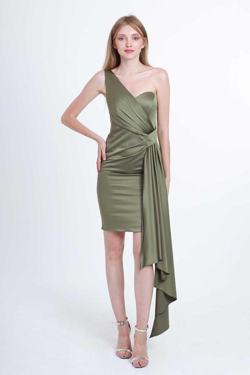 Kadın Tek Omuz Abiye Elbise 5924015 Haki