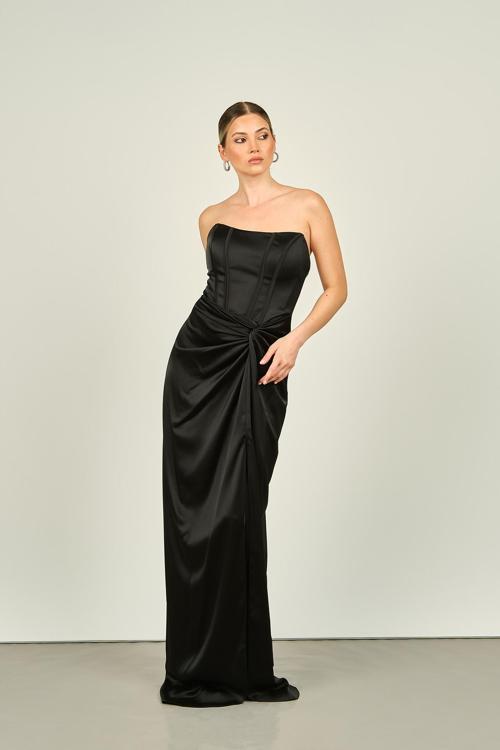 Kadın Straplez Derin Yırtmaçlı Uzun Abiye Elbise 5062 Siyah