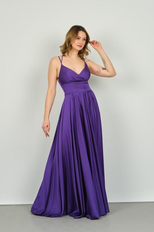 Kadın Derin Yırtmaçlı Saten Abiye Elbise 5924047 Mor